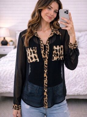 Ya Los Angeles Silk Blend Leopard Print Long Sleeve Button Down Shirt Top